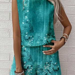 Women Geometric Two-Piece Set Daily Sleeveless Vintage Summer Multi-Piece Set Matching Set, Sets, color:Gunmetal|size:XXL, catalog Noracora shop