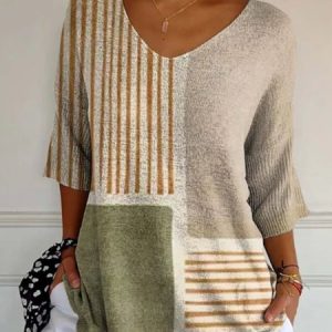 Vintage Geometric Crew Neck Long Sleeve T-shirt, T-shirts, color:Khaki|size:5XL, catalog Noracora shop