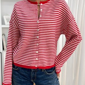 Women Cotton Striped Long Sleeve Comfy Casual Cardigan, Sweaters, color:Red|size:XL, catalog Noracora shop