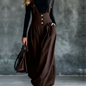 Casual Plain Square Neck Overall Bib Pants, Jumpsuits, color:Brown|size:XXL, Stylewe