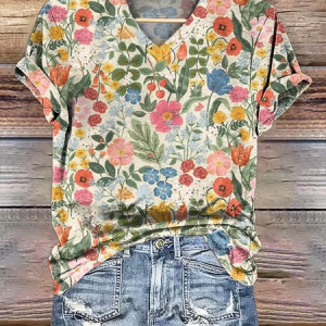Women Floral Short Sleeve Tee T-shirt V Neck Printing Casual Summer Graphic Tee Top, JustFashionNow T-Shirts, color:As Picture|size:5XL,