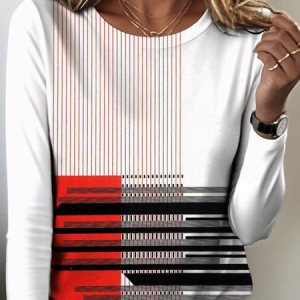 Vintage Striped Crew Neck Long Sleeve T-shirt, T-shirts, color:Red|size:XXL, catalog Noracora shop