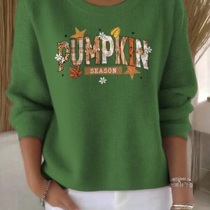 Women Cotton Text Letters Long Sleeve Comfy Vintage Sweater, Sweaters, color:Green|size:4XL, catalog Noracora shop