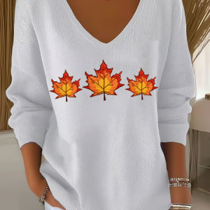 Women Maple Leaf Long Sleeve Tee T-shirt V Neck Printing Casual Spring/Fall Top, JustFashionNow T-Shirts, color:White|size:4XL,