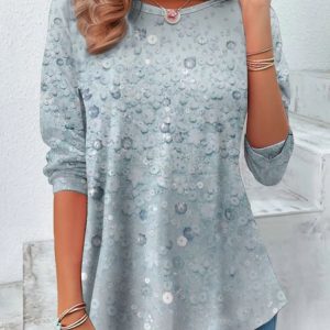 Casual Floral Crew Neck Long Sleeve T-shirt, T-shirts, color:Light Blue|size:4XL, catalog Noracora shop