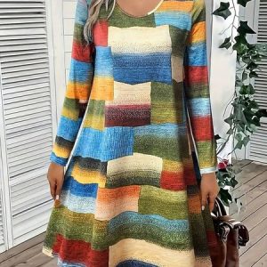 Women Geometric Spring/Fall Dress V Neck Long Sleeve A-Line Dress, Dresses, color:As Picture|size:4XL, catalog Noracora shop
