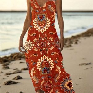 Women Floral Summer Dress V Neck Sleeveless Tank A-Line Dress, Maxi, color:Red|size:5XL, catalog Noracora shop