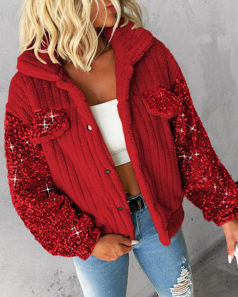 Sequin Spliced Decor Turn-down Collar Button Front Teddy Jacket Casual Flap Detail Textured Coat Warm Outerwear, women Jackets & Coats, ChicMe catalog - Image 3