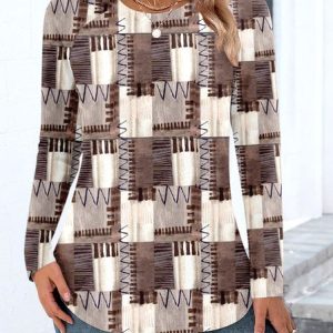 Casual Color Block Crew Neck Long Sleeve T-shirt, T-shirts, color:Brown|size:4XL, catalog Noracora shop