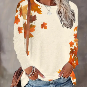 Casual Maple Leaf Crew Neck Long Sleeve T-shirt, T-shirts, color:Apricot|size:XXL, catalog Noracora shop