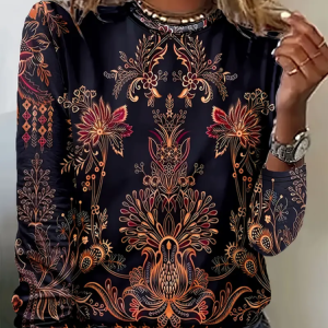 Women Floral Long Sleeve Tee T-shirt Crew Neck Printing Casual Spring/Fall Graphic Tee Top, JustFashionNow T-Shirts, color:Black|size:XXL