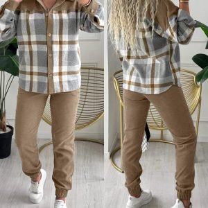 2 Pieces Outfit Plaid Print Spliced Turn-down Collar Button Front Asymmetrical Hem Top and Casual Elastic Waist Jogger Pants Set, women Two-piece Sets, ChicMe catalog