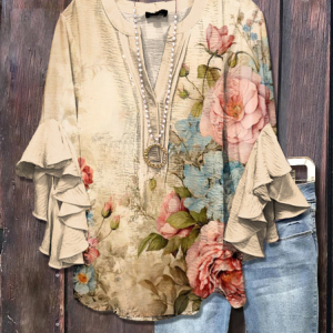 Women Floral Half Sleeve Shirt Summer Printing V Neck Daily Casual Top, JustFashionNow Shirts, color:Apricot|size:5XL,
