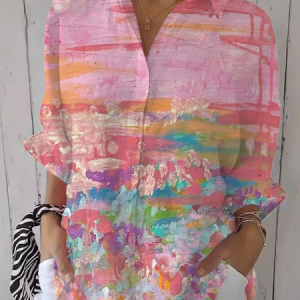 Women Abstract Three Quarter Sleeve Shirt Spring/Fall Printing Shirt Collar Daily Casual Top, JustFashionNow Shirts, color:Pink|size:5XL,