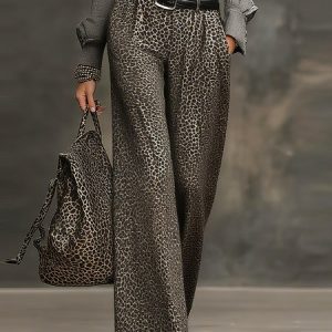 Urban Leopard Wide Leg Pants No Belt, Pants, color:As Picture|size:XXL, Stylewe