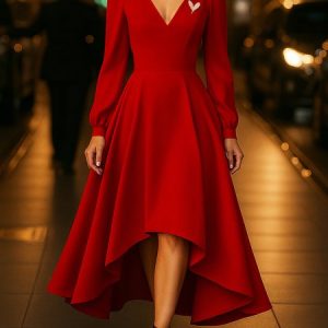 Elegant Plain  V Neck Midi Dress With Brooch, Maxi Dresses, color:Red|size:XXL, Stylewe