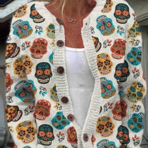Women Halloween Skull Pattern Long Sleeve Comfy Casual Cardigan, Cardigans, color:White|size:5XL, catalog Noracora shop