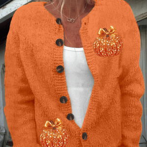 Women Halloween (pumpkin) Printing Long Sleeve Crew Neck Vintage Spring/Fall Cardigan Outerwear, JustFashionNow Cardigans, color:Orange|size:5XL,