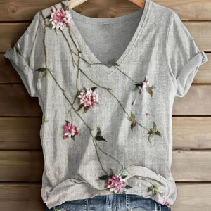 Women Floral Short Sleeve Tee T-shirt V Neck Printing Casual Summer Graphic Tee Top, JustFashionNow T-Shirts, color:Gray|size:4XL