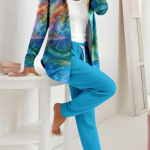 Women Abstract Printing Two-Piece Set Daily Long Sleeve Casual Spring/Fall Coat With Pants Matching Set, JustFashionNow Suit Set, color:Blue|size:XXL,