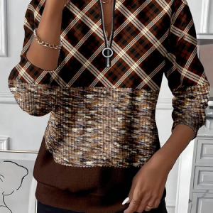 Women Plaid Crew Neck Printing Casual Spring/Fall Long Sleeve Sweatshirt, JustFashionNow Sweatshirts & Hoodies, color:Brown|size:XXL,