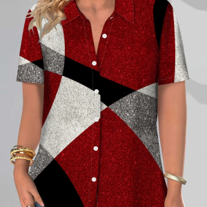 Women Geometric Short Sleeve Shirt Summer Printing Shirt Collar Daily Casual Top, JustFashionNow Shirts, color:Red|size:5XL,