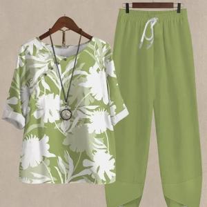 Women Floral Printing Two-Piece Set Daily Half Sleeve Casual Summer Top With Pants Matching Set, Sets, color:Green|size:4XL, catalog Noracora shop