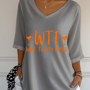 Vintage Text Letters Crew Neck Three Quarter Sleeve T-shirt, T-shirts, color:Gray|size:5XL, catalog Noracora shop