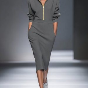 Casual Plain Zipper Shawl Collar Midi Dress, Midi Dresses, color:Gray|size:XXL, Stylewe