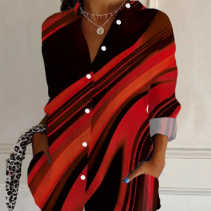 Women Abstract Long Sleeve Shirt Spring/Fall Buckle Shirt Collar Regular Sleeve Daily Casual Top, JustFashionNow Shirts, color:Black-red|size:XXL,