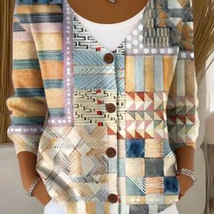Women Knitted Geometric Long Sleeve Comfy Vintage Cardigan, Cardigans, color:Color2|size:XXL, catalog Noracora shop