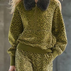 Urban Leopard Printing Shawl Collar Fur Collar Sweatshirt, Hoodies and Sweatshirts, color:Green|size:XXL, Stylewe