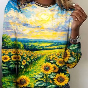 Vintage Sunflower Art Pattern Crew Neck Long Sleeve T-shirt, T-shirts, color:Yellow|size:4XL, catalog Noracora shop