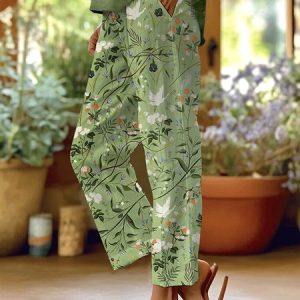 Women's Forest Floral Print Casual Pants (With Pockets), Pants, color:Green|size:4XL, catalog Noracora shop