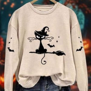 Vintage Crew Neck Cat Sweatshirt, Hoodies & Sweatshirts, color:Apricot|size:5XL, catalog Noracora shop