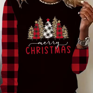 Women Plaid Long Sleeve Tee T-shirt Crew Neck Printing Casual Spring/Fall Graphic Tee Top, JustFashionNow T-Shirts, color:Black|size:XXL,