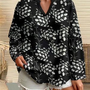 Casual Floral V Neck Long Sleeve T-shirt, T-shirts, color:Black|size:5XL, catalog Noracora shop