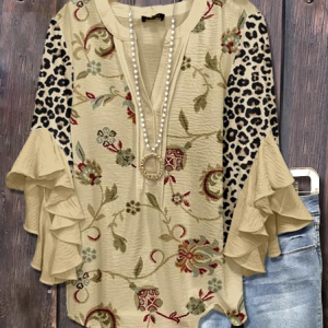 V Neck Long Sleeve Floral Regular Micro-Elasticity Loose Shirt For Women, Shirts, color:Khaki|size:4XL, catalog Noracora shop