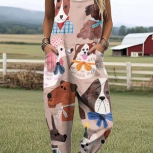 Women Animal Square Neck Gallus Casual Summer Cotton And Linen Jumpsuit, Jumpsuits&Rompers, color:Pink|size:4XL, catalog Noracora shop