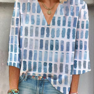 Women Geometric Three Quarter Sleeve Blouse Spring/Fall Printing V Neck Daily Casual Top, JustFashionNow Blouses, color:Blue|size:XXL,