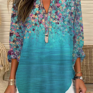 Women Floral Long Sleeve Blouse Spring/Fall Printing V Neck Daily Casual Top, JustFashionNow Shirts, color:Cyan|size:5XL,