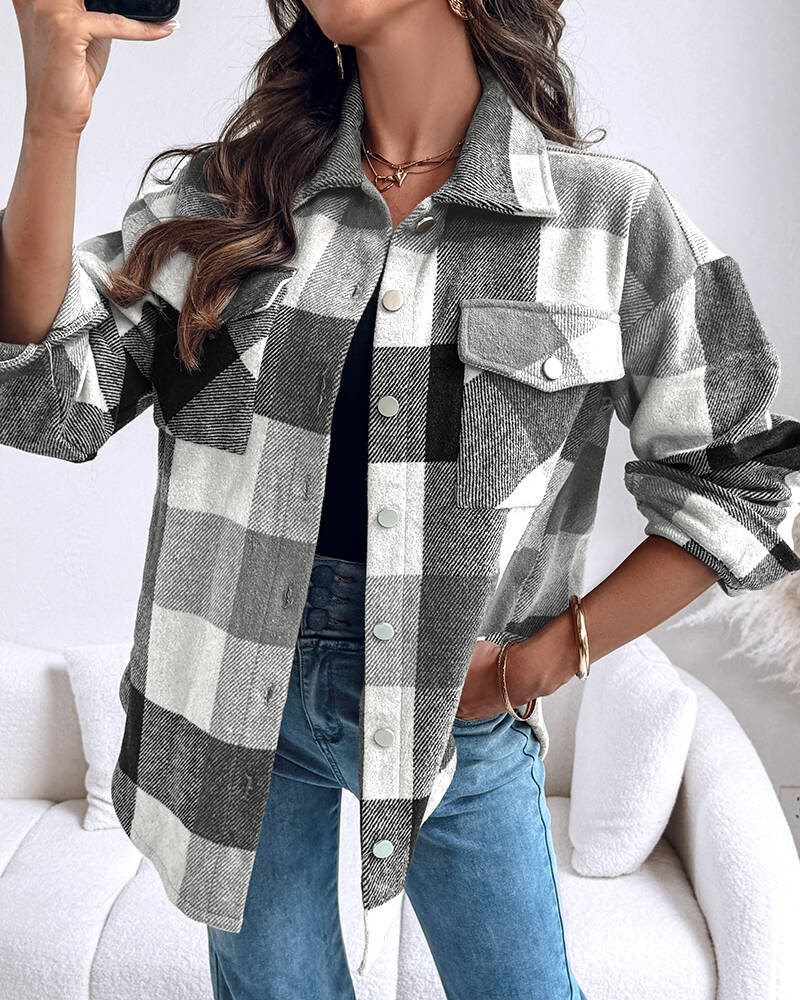 Vintage Plaid Print Turn-down Collar Button Front Jacket Casual Flap Pockets Design Loose Brushed Shirt Coat, women Jackets & Coats, ChicMe catalog - Image 2