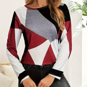 Women Abstract Long Sleeve Tee T-shirt Crew Neck Printing Casual Spring/Fall Graphic Tee Top, JustFashionNow T-Shirts, color:Red|size:XXL,