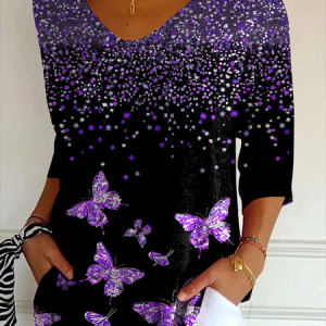 Casual Butterfly V Neck Three Quarter Sleeve T-shirt, T-shirts, color:Black|size:5XL, catalog Noracora shop