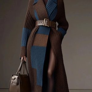 Casual Color Block Lapel Collar Sweater Cardigan With Belt, Cardigans, color:As Picture|size:XXL, Stylewe