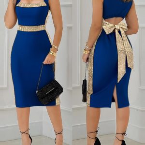 Contrast Sequin Decor Square Neck Sleeveless Bow Tie Back Slit Dress Elegant Hollow-out Back Cinched Waist Party Dress, women Bodycon Dresses, ChicMe catalog