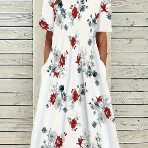 Women Floral Half Sleeve Summer Printing Dress Crew Neck Daily Casual Maxi A-Line Dress, JustFashionNow Casual Dresses, color:White|size:5XL,