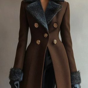 Urban Buttoned Fur Collar Plain Lapel Collar Coat, Coats, color:Brown|size:XXL, Stylewe
