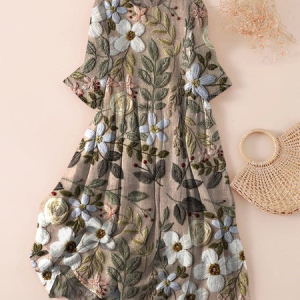 Women Floral Three Quarter Sleeve Spring/Fall Printing Dress Crew Neck Daily Casual Maxi Classic H-Line Dress, JustFashionNow Casual Dresses, color:Brown|size:5XL,
