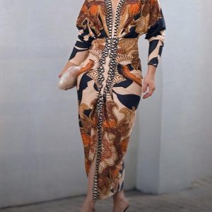 Plus Size Baroque Print Deep V Neck Long Sleeve Ruched Slim Fit Dress Slit Front Maxi Dress, women Casual Dresses, ChicMe catalog